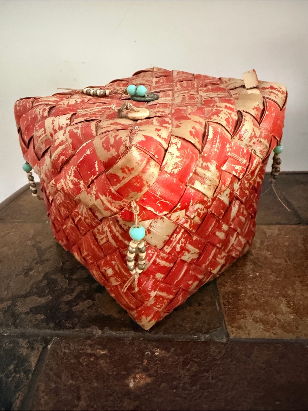Vintage Woven Painted Basket with Turquoise Bead Accents - 6”